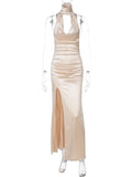 Deep V neck Ribbon Slit Dress For Women Sexy Halter Backless Evening Party Maxi Dress High Street Slim Elegant Summer New