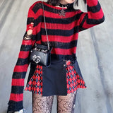Pbong  Striped Women's Crop Sweater Punk Streetwear Korean Style Hole Thin Knitted Gothic Long Sleeve Y2k Pullover