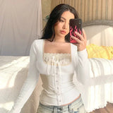 Coquette Aesthetic Crop T Shirts for Women Sweet Girl Bow Lace Patchwork Tops Square Neck Y2k Long Sleeve Sleeve Tees