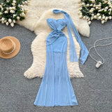 Chic vintage Sexy Strapless mesh sleeveless Fairy Summer  Women Boho Sundress Beach women clothing Long dress