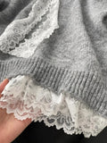 Lazy American Vintage High Street Patchwork Lace V Neck Sweaters Y2k Aesthetic Knitted Long Sleeve Clothing Harajuku Pullovers
