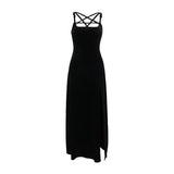 Mall Goth Velvet Dress Women Fairycore Grunge Elegant Punk Pentagram Hollow Out Sleeveless Halter Split Dress Partywear