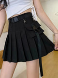 Pbong  Harajuku Belt Pleated Cargo Skirt Women Fashion Gothic High Waist Pocket Mini Skirts Fashion Summer Lady A Line Black Skirt