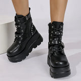 Pbong  Women's Gothic Chunky Platform Ankle Boots Thick Bottom Wedges PU Leather Combat Shoes Woman Rivet Buckle Decor Black Punk Boots