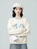 O Neck Vintage Print Sweaters Women Preppy Style Japan Lazy Wind Knitted Jumper Loose Long Sleeve Retro Sweet Cute Pullover
