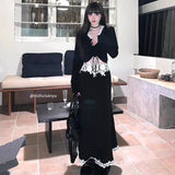 Gothic Harajuku Patchwork Lace V Neck Long Sleeve Tops Slim Fit Temperament Mermaid Long Skirts Y2k Vintage Girl Two Piece Sets