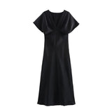 V-neck Flare Sleeve Party Dress Simple All-match Solid Color Satin Long Dress New High Waist Fashion Chic Femme Vestidos