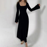 Elegant Frill Knit Square Neck Long Dress