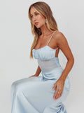 Ribbon Spaghetti Strap Dress For Women Mesh Splice Elegant Sexy Vacation Long Dress Backless Summer New Female Dress