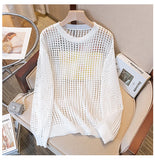 Women Mesh Top Oversized Long Sleeve T-shirts Crew Neck Loose Casual Knit Tees See-Through Openwork Knit Top Women Spring Summer