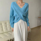 Pbong  New Autumn And Winter Fashion Solid Color Retro Cross V-neck Sweater Temperament Short Irregular Women's Knitted Top