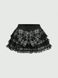 Pbong  J-Fashion Y2K Gyaru Himekaji Harajuku Lolita Oversized Bowknot Low Waist Lace Frilled Plaid Mini Skirt For Women