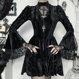 Mall Goth Fairycore Gothic Dress Women Aesthetic Lace Patchwork Flare Sleeve High Waist Dress Halloween Dark Partywear