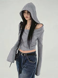 Vintage Hoodie Long sleeve T shirt Women Y2k Gray Off shoulder Top Sexy Cropped Tees Shirt Basic Blouse 2025 Fashion Streetwear