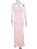 Elegant Sleeveless Ruffles Sexy Long Dress For Women Summer New Deep V Neck Backless Thigh High Split Maxi Dress