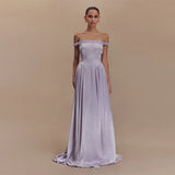 Elegant Stain Off Shoulder Long Dresses Women Retro Solid Waist-cinching Large Hem Evening Dress Lady Chic Party Beach Holiday