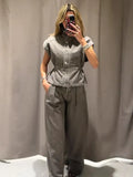 Pbong  Denim High Neck Vest & Wide-Leg Pants Set Sleeveless Elastic Waist Top Pleated Trousers Spring Fashion Chic Edgy Women Suit