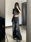 Vintage Women's Black Grey High Waist Jeans Y2K Fashion Baggy Loose Straight Wide Leg Baggy Denim Trousers Pants