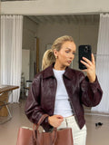 Women Fashion Solid Pu Leather Zipper Coat Retro Turn Down Collar Long Sleeve Outwear Autumn Female Chic Motorcycle Jackets