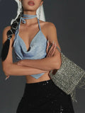 Blue Bright Silk Halter Top Glitter Tanks Ruched Crop Backless Vests Sexy Camis Summer Outfits