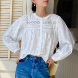 Elegant Pretty  Blouses Shirts Women Tops Floral Whole Piece Embroidery Long Sleeve O Neck Boho 100% Cotton Blouse Shirt Autumn