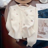 Pink Sweet Pearls Decorate Sweater Cardigan Woman Korean Fashion Print O Neck Knitwear Women Long Sleeve All Match Knitted Tops