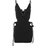 Sexy Metal Rings Dress Women Lace-Up Hollow Cross Backless Lace Edges Tassel Sleeveless Thin Midnight Club Mini Bodycon