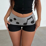 Pbong  Casual Musical Note Pattern Contrast Color Shorts Y2K Aesthetics  Folds Elastic  Waist Slim-Fitting Mini Bottom Summer Wear