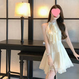 Pbong  French Style Irregular Waist Cinched Sleeveless Chiffon Dress Women Summer New Sexy Neck Hanging Short Skirt Dress