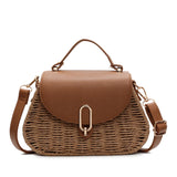 Pbong  Straw Beach Bag PU Leather Clutch Purse Flap Crossbody Bag Handmade Top Handle Purse for Women