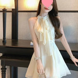 Pbong  French Style Irregular Waist Cinched Sleeveless Chiffon Dress Women Summer New Sexy Neck Hanging Short Skirt Dress