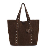 Pbong  Trendy Suede Tote Bag, Studded Detail & Heart Accent, Spacious, Versatile Shoulder Armpit Bags for Daily Commute Casual Outings