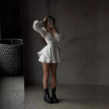 Pbong  New Women's Long Sve V-Ne A-Line Dr Casual Pure Color Waist-Cinching Design ort Skirt Polyester Fabric Wedding Dr