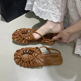 Pbong  Women's Hollow-Out Brown Closed-Toe Sandals, New Summer Bohemian Soft-Soled Beach Shoes, Fashionable Roman Sandals