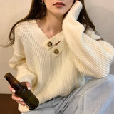 V-neck Knit Pullover Women Slouchy Long Sleeve Drop Shoulder Sweater with Buttoned Strap Cozy Knitwear Autumn Winter Chic Outfit