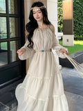 Autumn Women Fashion Vintage Casual Off Shoulder Long Sleeve Midi Dress O Neck A-Line Ruffles Party Birthday Dress New Clothing
