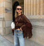 Pbong  Chiffon Loose Shirt For Women Sexy See-Through Ruffles Sleeve Blouse New Summer Chic Fashion Solid Casual Round Neck Shirts