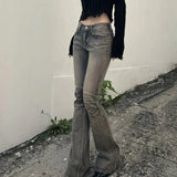 Pbong  Street Fashion Do Old Slimming Micro Flared Jeans Vintage Low Rise Folds Grey Pockets Full Length Trousers Fashion Denim Pants
