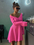 V-neck Long Sleeved Sexy Short Dress Knitted Autumn Winter Solid Color A-line Backless Pleated Women Dresses Fall Fashion