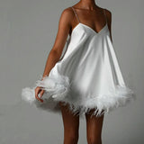 Pbong  Women Solid Color Feather Trim V-Neck Chain Spaghetti Straps Sling Mini Dress Summer Sleeveless Backless vestido