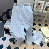 Jmprs Striped Patchwork Pants Women Korean Belt High Waist Straight Trousers Casual Loose Elegant Female Fashion Wide Leg Pants