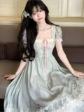 Women Gentle Style Vintage Dress Sweet Bow Short Sleeve Dress French Lace Splice Korean Popular Chic Long Dress New Summer 2025
