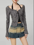 Destressed Two Piece Set Lace-up Cardigan with Cami Women's Y2K Grunge Crop Long Sleeve Criss Cross Knit Tops Acubi Outfit