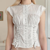 y2k White Crop Top Button Ruffle Trim Tie up Short Sleeve T Shirt Women Fairycore Balletcore Chic Tee Summer Korean 90s Clothes