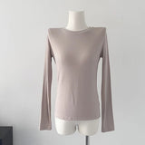 Soft Modal Knit Autumn Women's T-shirts Round Neck Long Sleeve Simple Basics Tees Solid Color Pink Fashion Spring Slim Top Woman