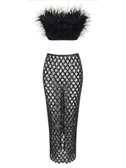Sexy Luxury Sequins Feather Strapless Top+ Skirt Two Piece Set White Black Off Shoulde Sequins Mesh Splice Bodycon Two Piece Set