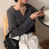 Women Crop Cardigan Collared Front Pocket Long Sleeve Button Down Sweater Jacket Cardi Female Autumn Winter Casual Chic