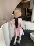 Pbong  Women's Plaid Sleeveless Mini Dress V Neck Drawstring Waist Casual Summer Beach Dress