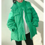 Winter Hooded Parkas Warm Jacket Women Down Cotton Coat Irregular Fluffy Bubble Drawcord Waist Outwear