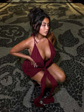 Tassel Dress Women Backless Patchwork Summer Lace-Up Halter Deep V-Neck Pleated Midnight Club Party Mini Bodycon